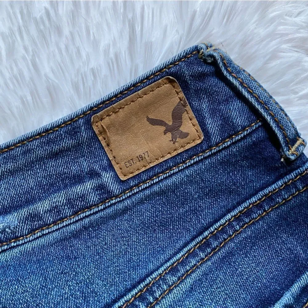 American Eagle Tomgirl Jeans Button‎ Fly Raw Ankle Hem Blue Stretch Distressed 2